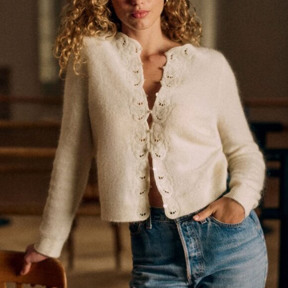 NEW Sezane Ysaline Cardigan Ecru Cream Ivory French Mohair Embroidery - Picture 1 of 9